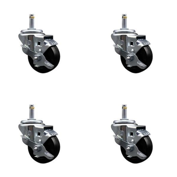 3'' Hard Rubber Wheel Swivel 7/16'' Grip Ring Stem Caster Set with Brake, 4PK